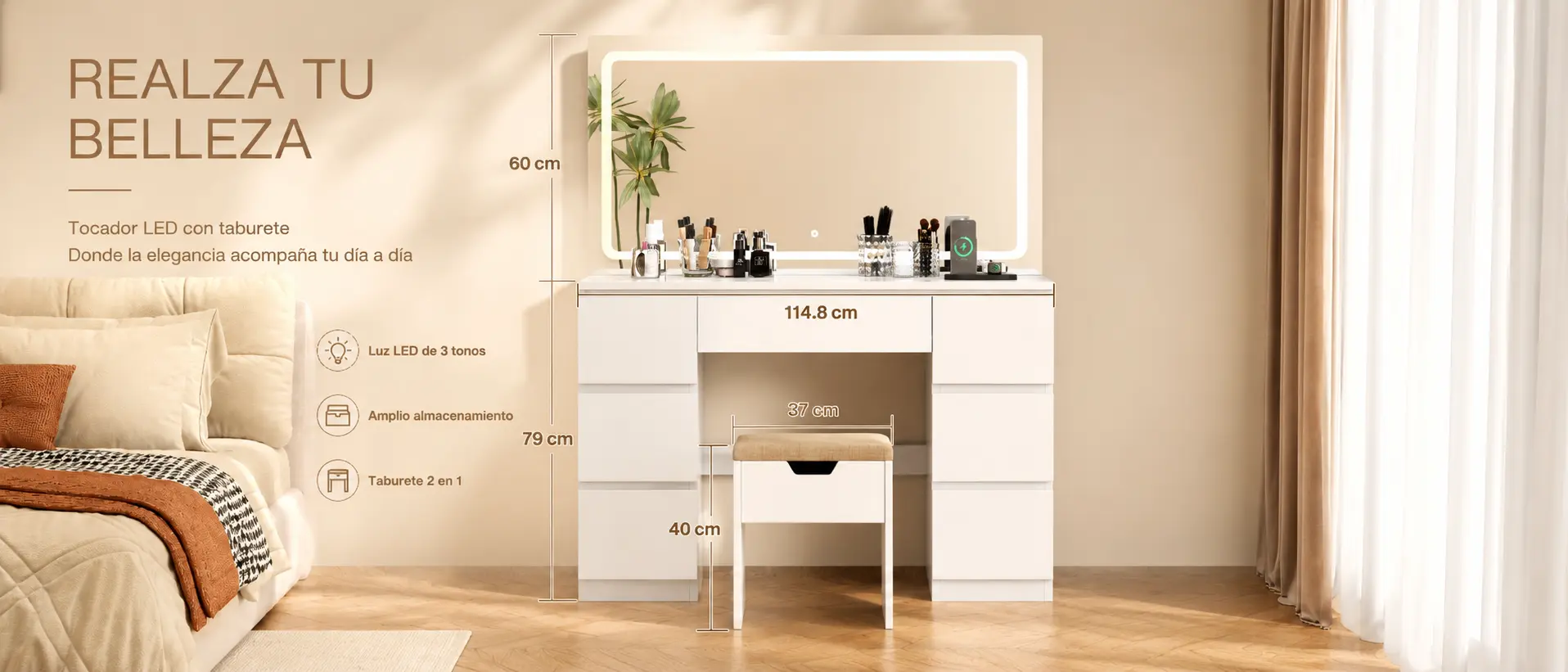 Mesa tocador ELARA con espejo LED — imagen de detalle 1