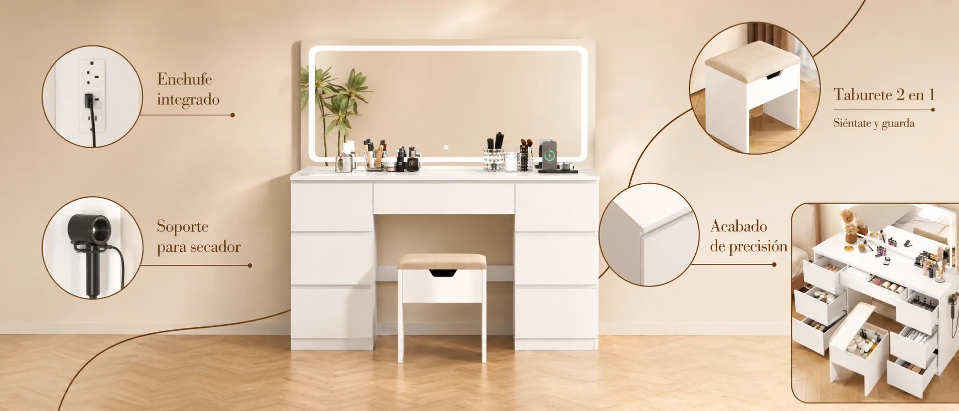 Mesa tocador ELARA con espejo LED — imagen de detalle 4
